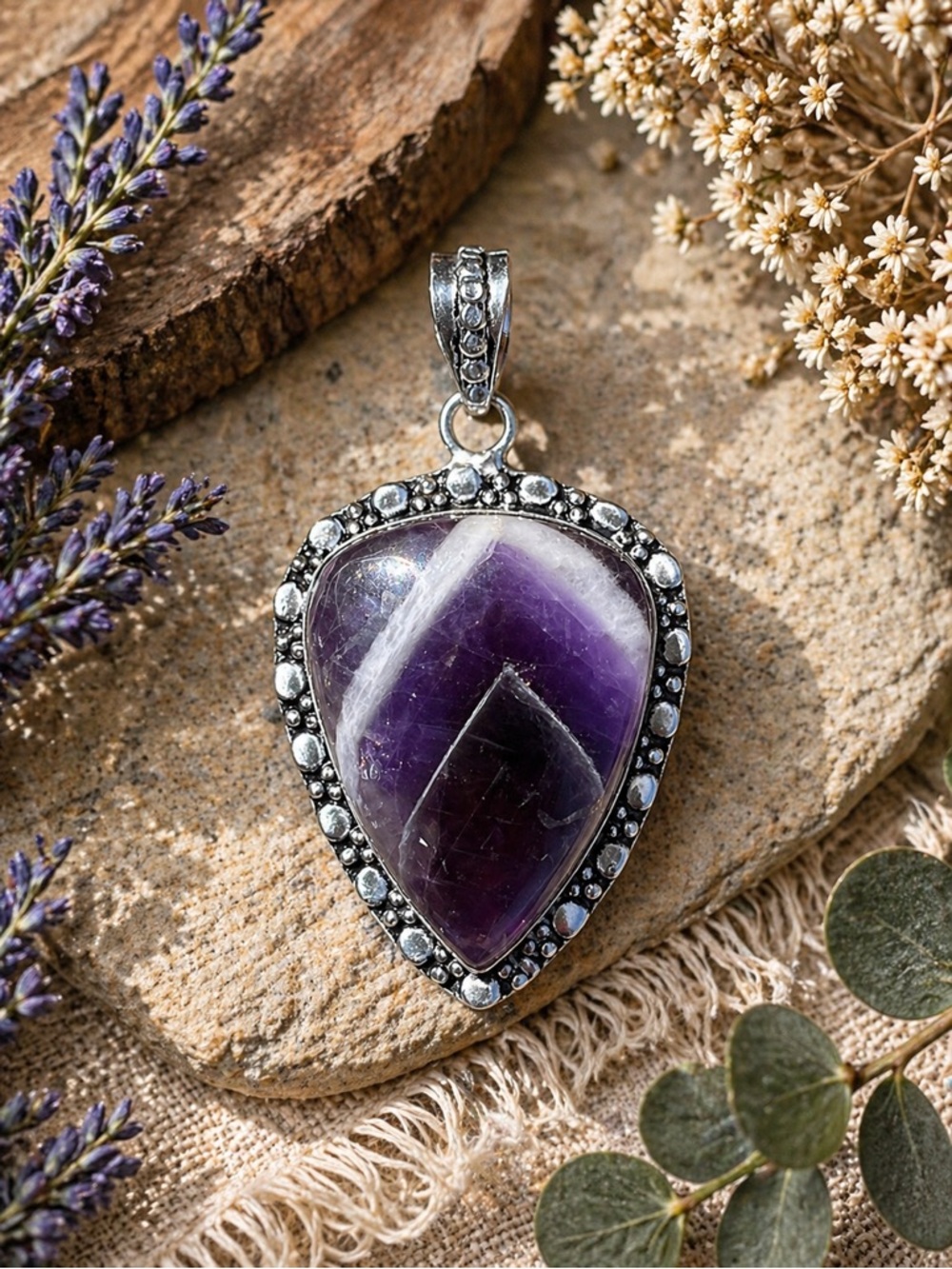 Natural Genuine Teardrop Chevron Amethyst Sterling Silver 2.2” Pendant